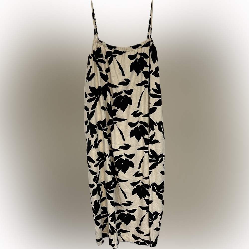 A New Day Natural and Black Floral Sleeveless Linen Blend Dress Large